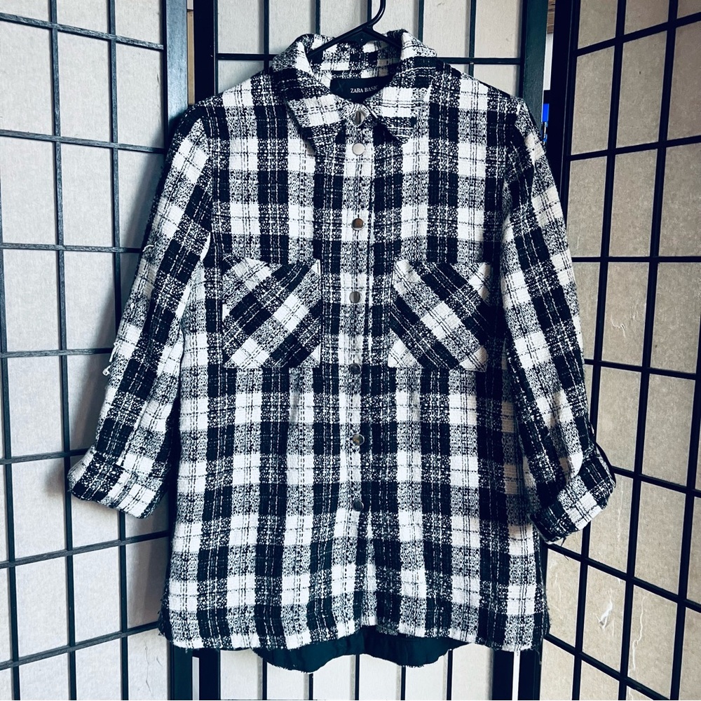 Zara Basic Black White Tweed Shacket Button Up Sz… - image 1